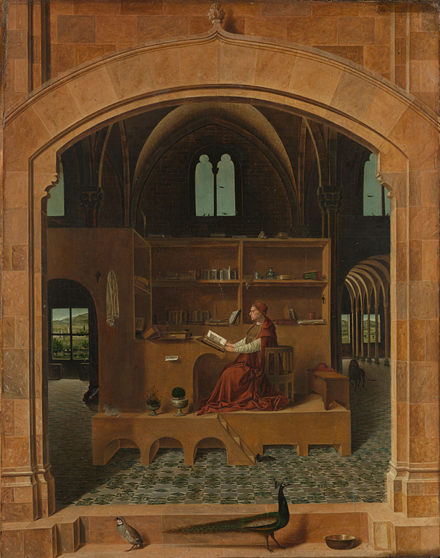 Antonello da Messina, active 1456; died 1479 Saint Jerome in his Study about 1475 Oil on lime, 45.7 x 36.2 cm Bought, 1894 NG1418 https://www.nationalgallery.org.uk/paintings/NG1418