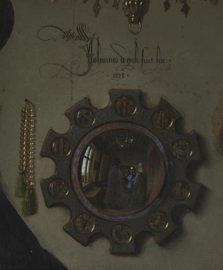 Fig.3 The Arnolfini Portrait - detail of mirror and rosary 1434 National Gallery London