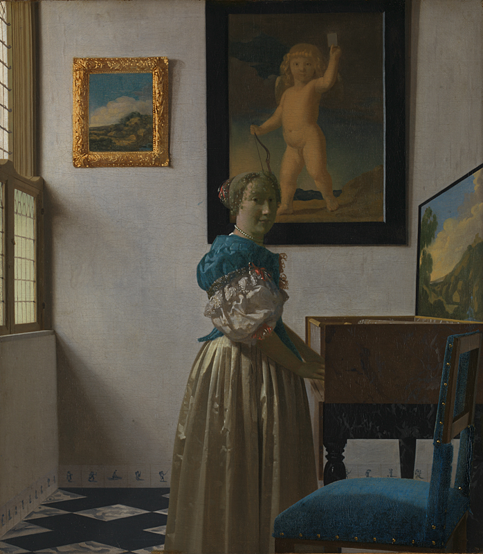 Johannes Vermeer, 1632 - 1675 A Young Woman standing at a Virginal about 1670-2 Oil on canvas, 51.7 x 45.2 cm Bought, 1892 NG1383 https://www.nationalgallery.org.uk/paintings/NG1383
